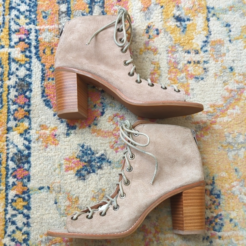 Jeffrey Campbell Cors Suede Leather Lace Up Peep Toe Ankle Booties Light Grey 9 - Picture 7 of 16